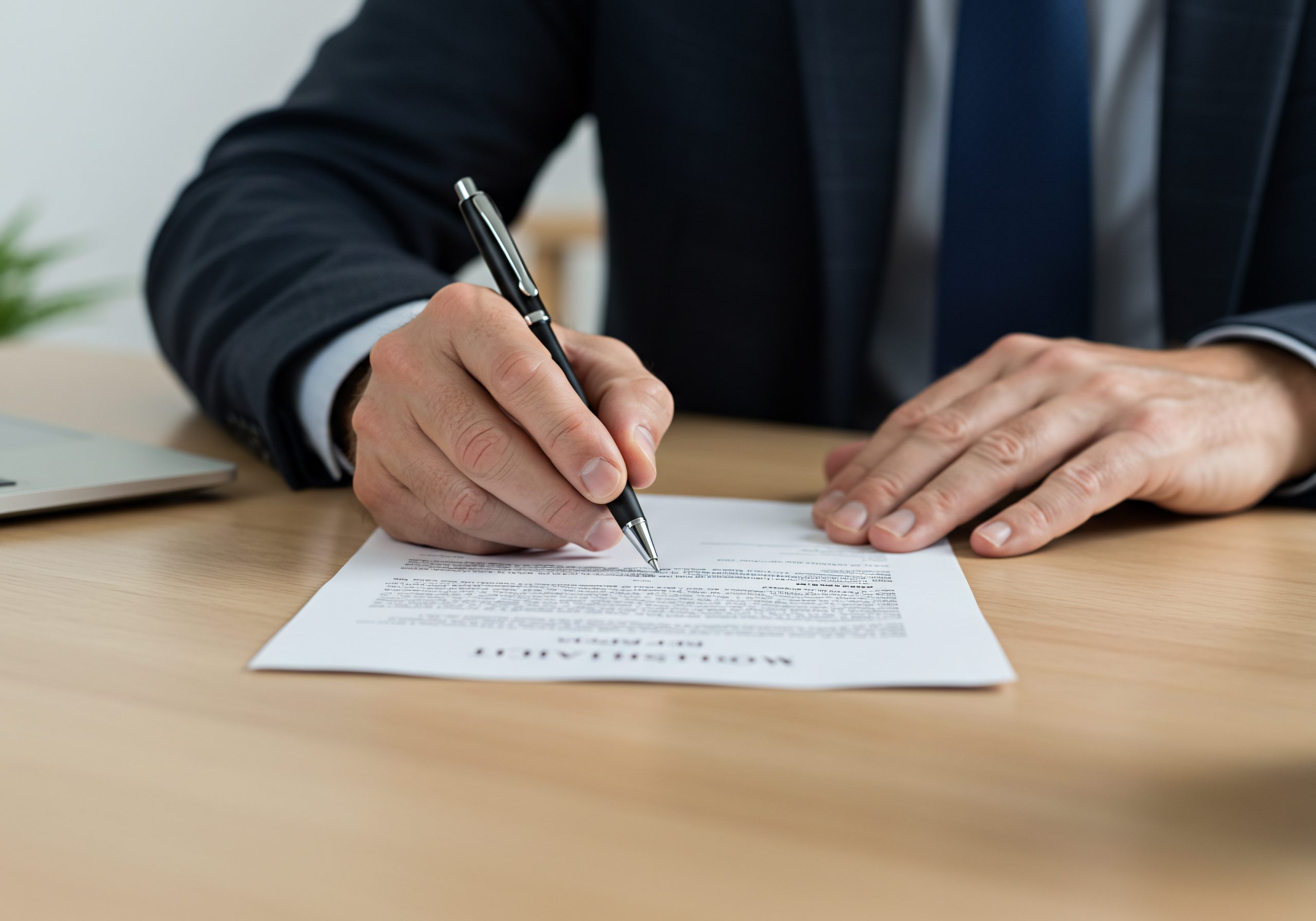 Businessman Signs Official Document at Desk