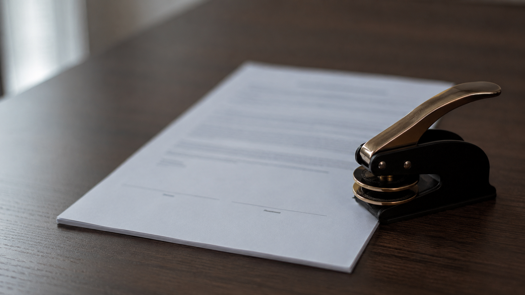 KS 14 A closed notary embosser set aside beside the unsigned signature page of a commercial lease, illustrating when acknowledgment is and is not required under Washington law.