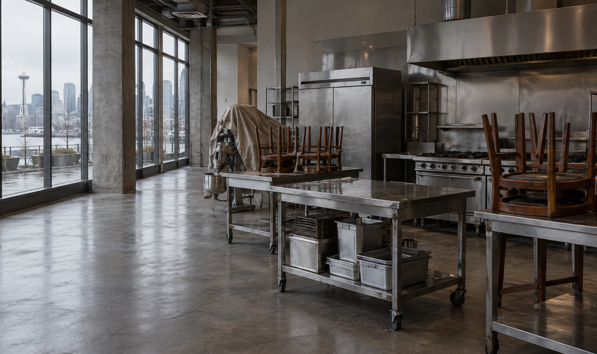 A vacated commercial restaurant space with kitchen equipment left behind, illustrating a Washington landlord's lien on a departed tenant's property.