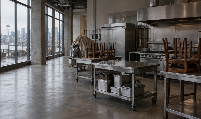A vacated commercial restaurant space with kitchen equipment left behind, illustrating a Washington landlord's lien on a departed tenant's property.