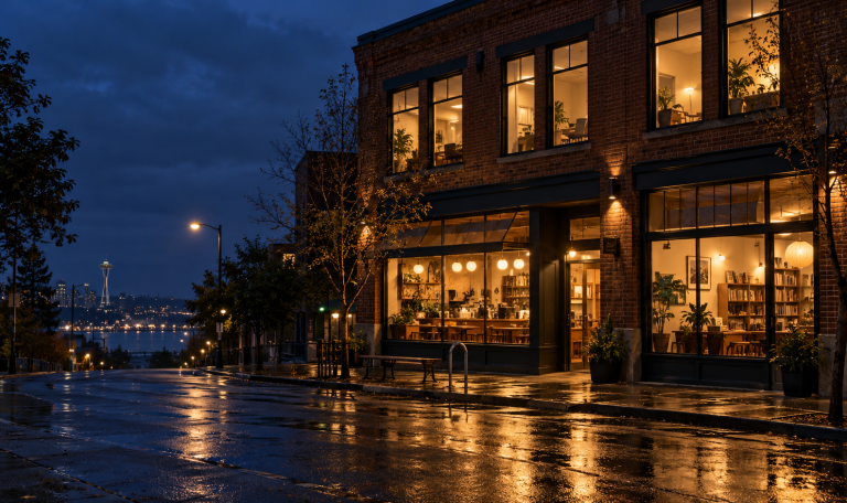 A leased commercial building at dusk with occupied storefronts, illustrating what a Washington buyer takes with the deed and what requires a written assignment of the leases.